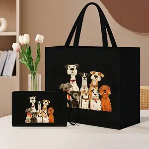 Linen Handbag with Cute Cartoon Dog Pattern, Large Capacity Shopping Bag, Drawstring Makeup Pouch, Women's Portable Casual Storage Bag, Tote Bag