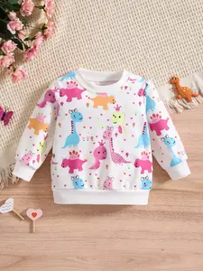 Spring Summer Long Sleeve Girls' Cartoon Crown Dinosaur Sweatshirt, Cute Baby, Full Print, 2026 Cartoon Printing Clothing