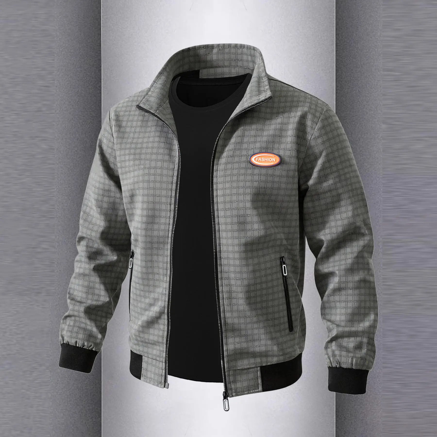Men's Sports Stand-Up Collar Jacket with Zipper Closure Ribbed Elastic Cuffs and Hem Plaid Print Casual Coat for Spring and Autumn Daily Leisure Outdoor Sports