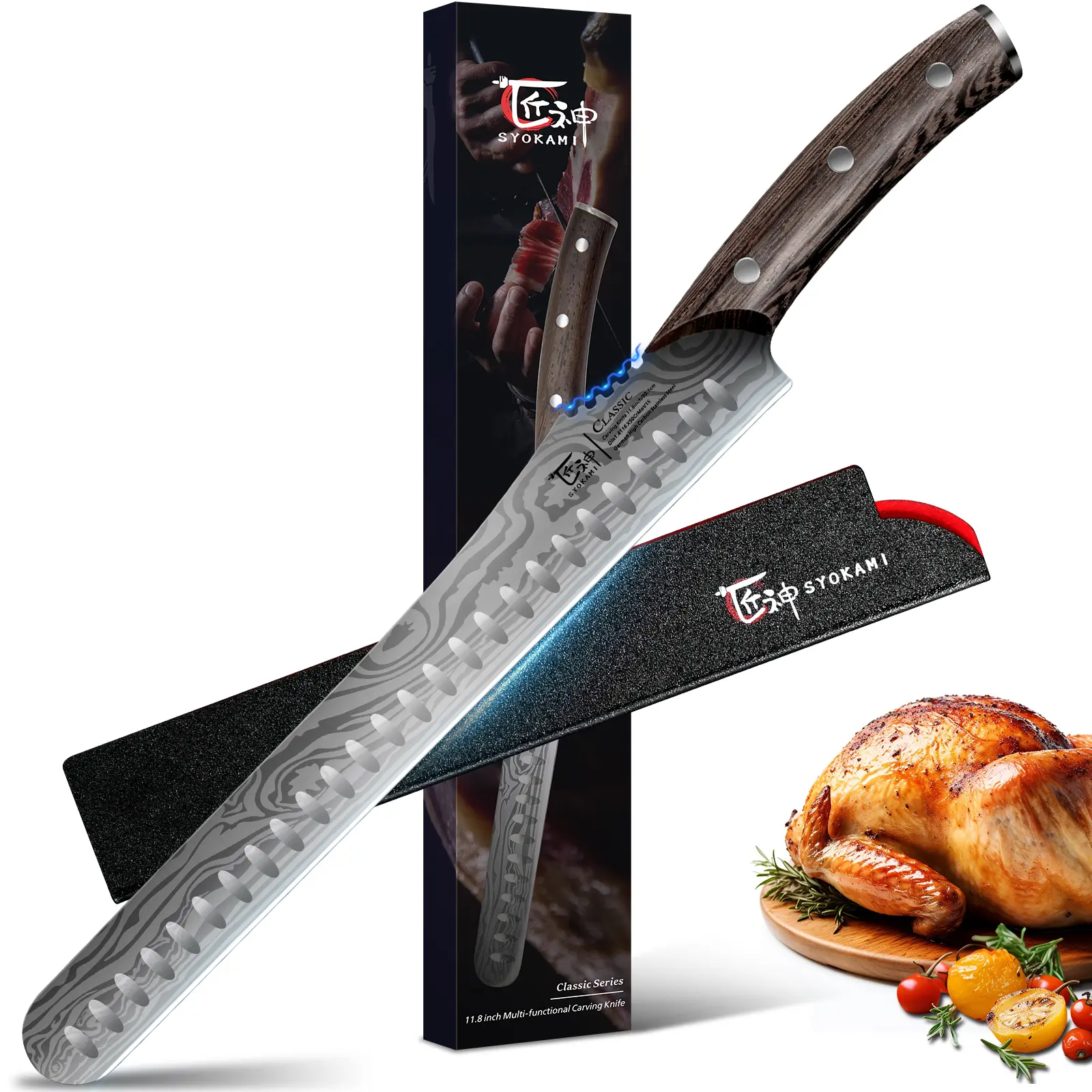 【DealsForYouDays】 SYOKAMI 12 Inch Multifunction Carving Knife, High-Carbon Japanese Style Brisket Knife with Wood Handle, Damascus Pattern Full Tang Design, Razor Sharp Slicing Knife for Meat Cutting with Gift Box， Gift for Mother's Day