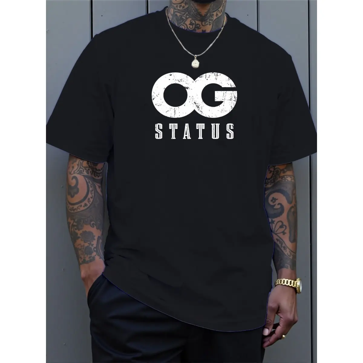Unisex Menswear Mesh Apparel Classic Round Neck Short-Sleeve Graphic T-Shirt, OG Status Print, Soft Breathable Fabric, Minimalist Letter Design, Casual Streetwear Top for Daily Wear
