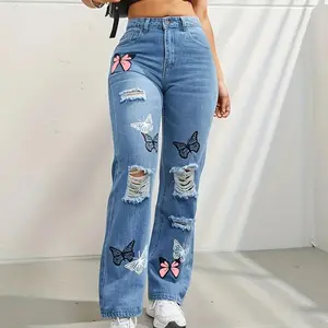 Butterfly Printing Denim Trousers Women Holes Jeans Straight Pants High Waist Loose Fit Vintage 2024 Casual Distressed Denims