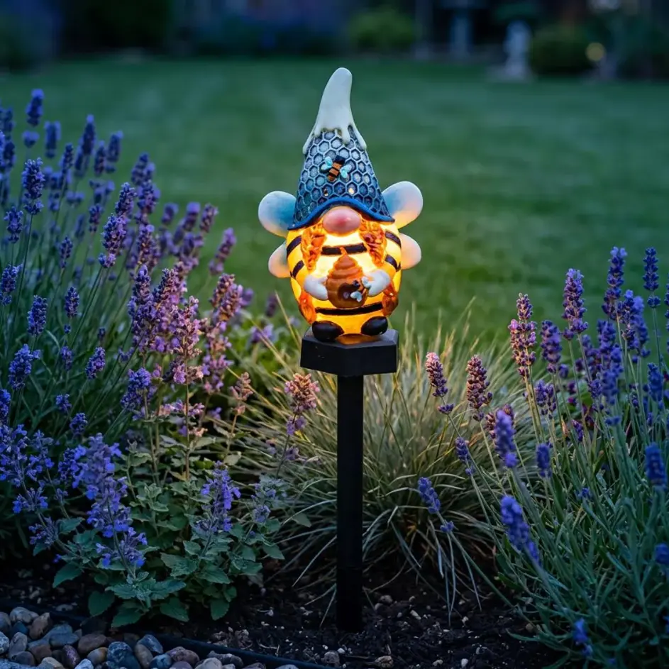 Solar Bee Gnome Garden Stake Light - Cute Honeybee Elf Figurine with Glowing LED Honey Pot, Waterproof Outdoor Yard Ornament for Lawn, Flower Bed, Pathway Landscape Decor, Sweet Spring & Summer Gift Idea for Plant Lovers