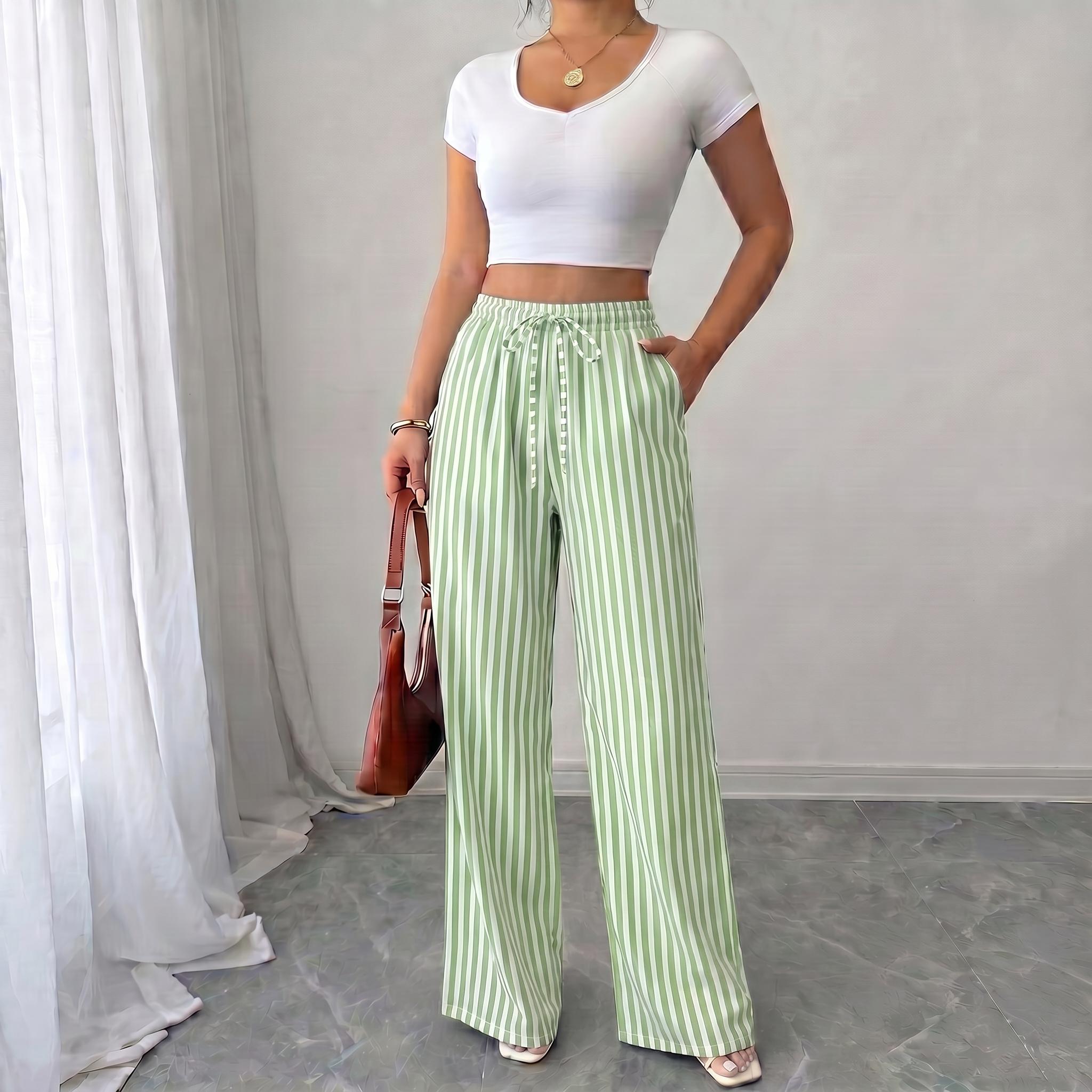 Women’s summer striped loose casual straight-leg pants, lightweight breathable fashionable long trousers suitable for work, travel, everyday wear, 100% polyester fiber