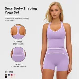 Women's Solid Crop Sports Bra & High Waist Gym Shorts Tracksuit Set, High Stretch Casual Breathable Comfortable Quick Drying Spaghetti Strap Backless Sports Bra & Drawstring Waist Skinny Shorts for Yoga Gym Workout, Ladies Sportswear workout set packs
