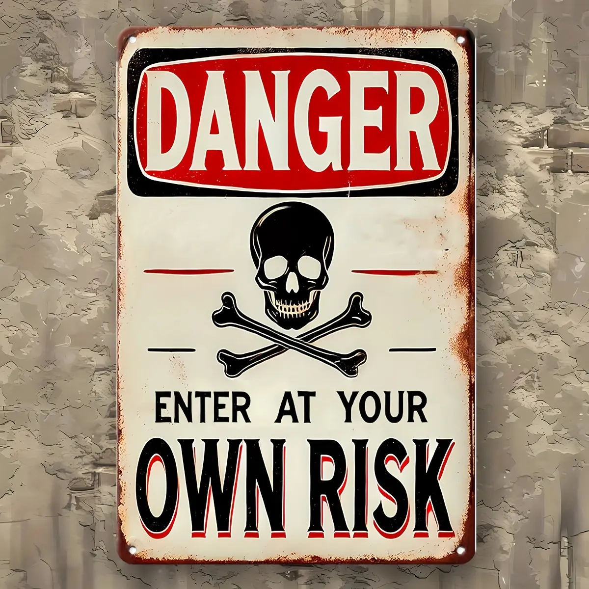 Vintage Industrial Metal Tin Wall Sign Artwork "DANGER-ENTER AT YOUR OWN RISK", 12x8 in Lightweight Rustic Skull & Crossbones Plaque, Home Decor Gift for Bar, Cafe