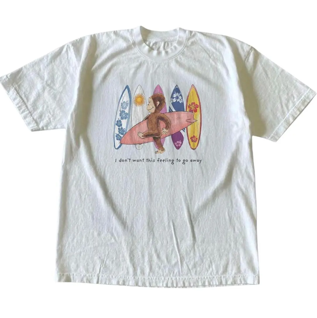 Cute Monkey Surfboard Graphic T-Shirt - White Retro Beach Surf Tee Summer Vibes Aesthetic Unisex Shirt