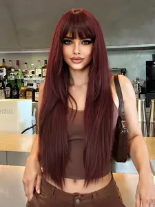28 Inch Red Long Straight Wigs for Women, Gorgeous Fluffy Wigs with Blunt Bangs, Synthetic Full Machine Wigs for Party, Daily Use, Synthetic Material Wigs, Machine Made Wigs
