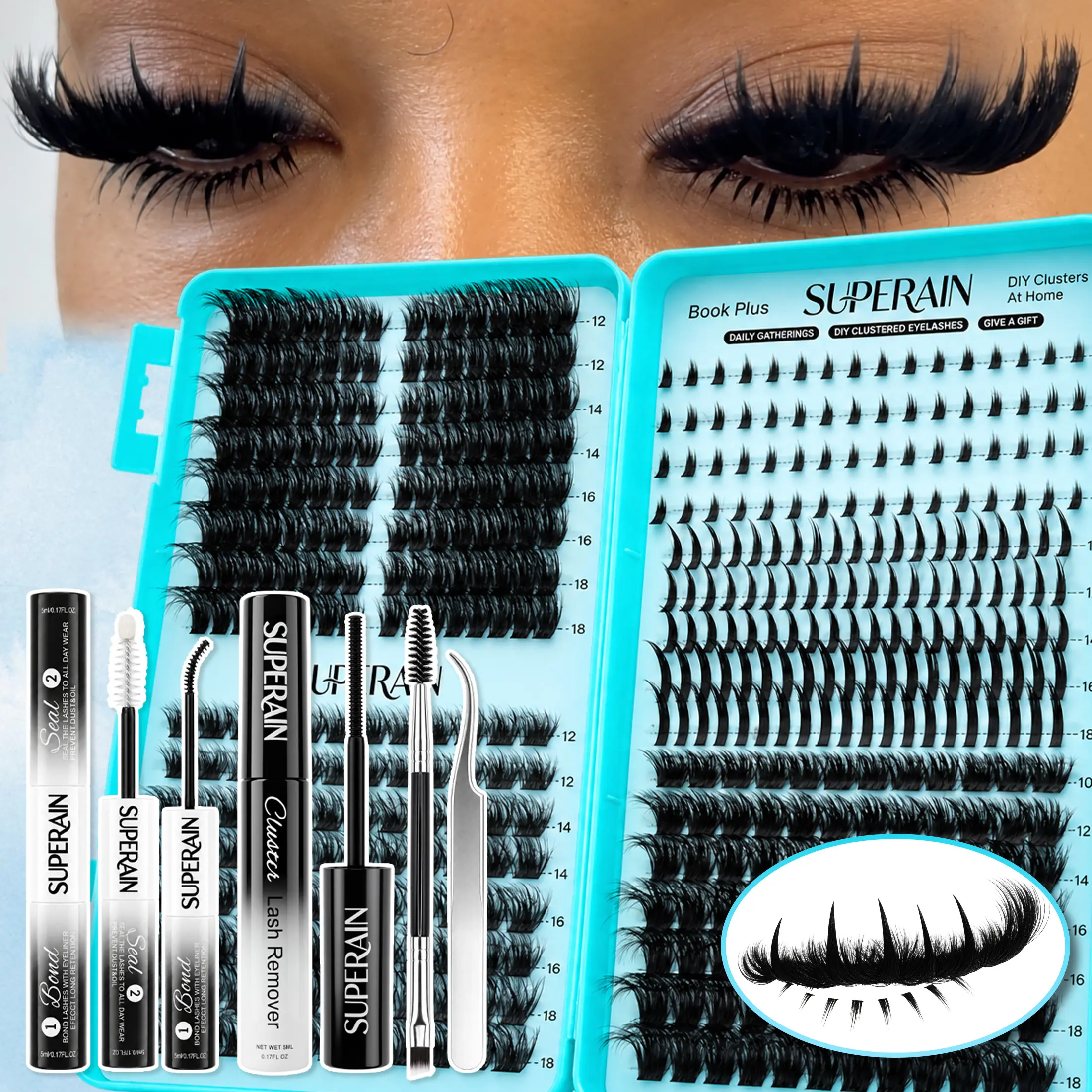 476PCS Mixed Lash Cluster Kit, 6-18mm D/DD Curl Upper & Bottom Lashes, Wispy Spiky Fluffy Natural Volume DIY Eyelash Extensions, Multi-Style Lash Book with Lash Tools