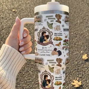 Pride and Prejudice Stickers 40oz Tumbler, Mr. Darcy Elizabeth Bennet Inspired Steel Tumbler, Jane Austin Tumbler with Handle, Pemberley Castle Water Bottle, Book Lovers Bottle.