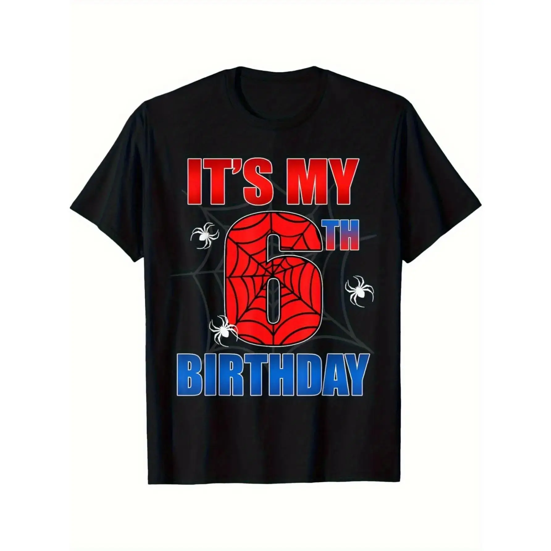 Boys' 6th Birthday Graphic T-Shirt - Cotton, Slight Breathability, Short-Sleeve, Red and Blue Spider Web Design, Ideal for Summer Celebrations