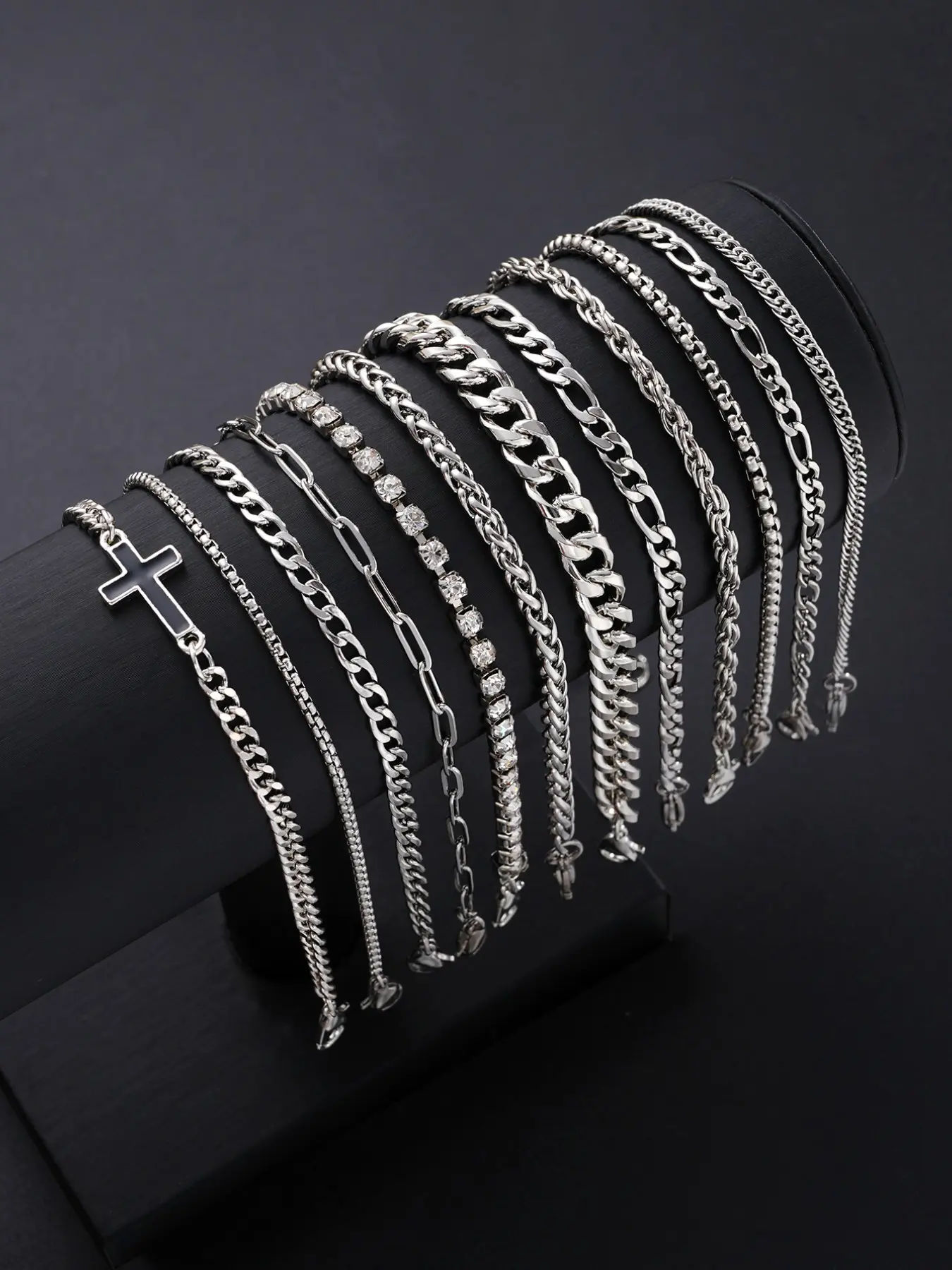 12-Piece Punk Cross Bracelet Set, Bracelet Bundle, Cross Bracelets Stack, Stainless Steel Zircon, Boho Style, Bohemian Jewelry, Fashion Bracelets, Unisex, Perfect for Dates, Vacations, Daily Wear, Stainless Steel Bracelets