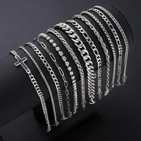 12-Piece Punk Cross Bracelet Set, Bracelet Bundle, Cross Bracelets Stack, Stainless Steel Zircon, Boho Style, Bohemian Jewelry, Fashion Bracelets, Unisex, Perfect for Dates, Vacations, Daily Wear, Stainless Steel Bracelets