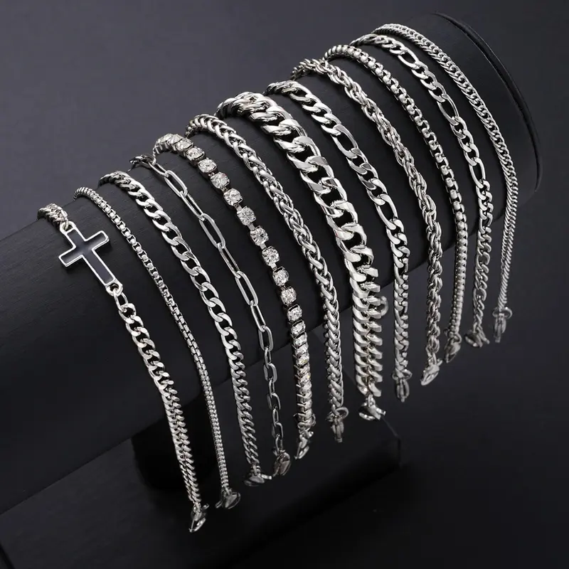 12-Piece Punk Cross Bracelet Set, Bracelet Bundle, Cross Bracelets Stack, Stainless Steel Zircon, Boho Style, Bohemian Jewelry, Fashion Bracelets, Unisex, Perfect for Dates, Vacations, Daily Wear, Stainless Steel Bracelets
