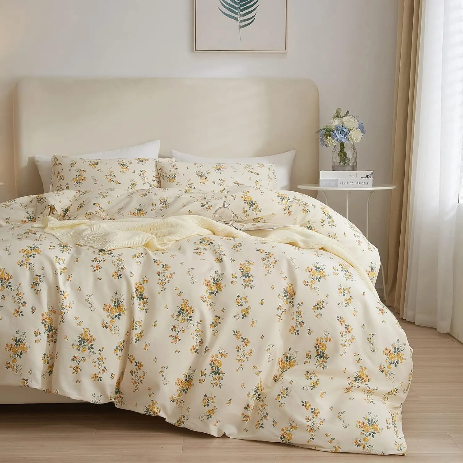 Vintage Style Garden Yellow Floral Comforter Queen White Microfiber Rose Floral with 2 Pillowcases Botanical Comforter for-