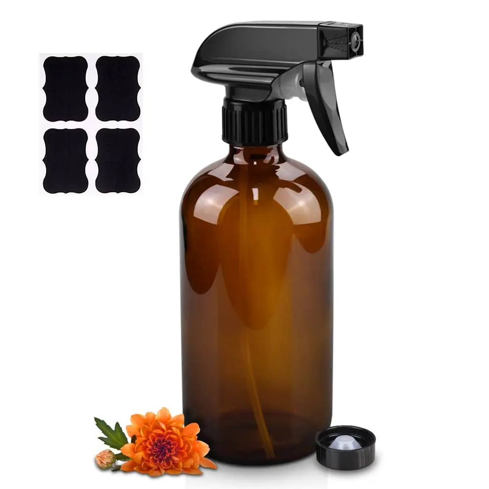 Glass Spray Bottles, 16oz Amber Glass Spray Bottles with Labels & Adjustable Nozzle, Reusable Containers for Cleaning, BBQ, Food, Plants, Alcohol, Essential Oils(1 Pack)