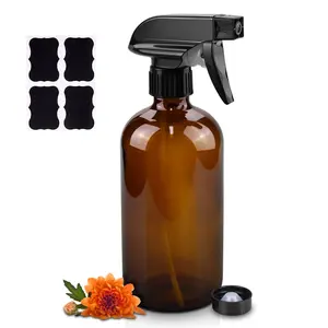 Glass Spray Bottles, 16oz Amber Glass Spray Bottles with Labels & Adjustable Nozzle, Reusable Containers for Cleaning, BBQ, Food, Plants, Alcohol, Essential Oils(1 Pack)