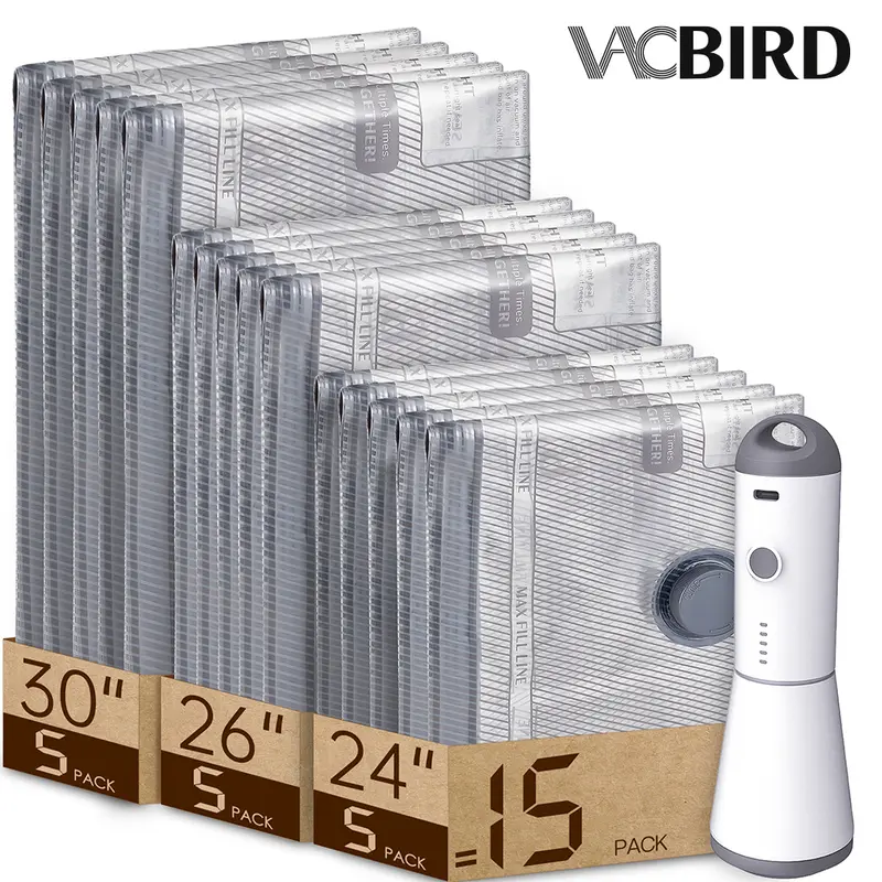 VACBIRD 2026 Upgraded X7 Cordless Vacuum Seal Compression Storage Bags with Rechargeable Pump, Slim Water-Resistant Durable Lightweight Business Organizer, Multi-Size PA+PE Zipper Pouches (9/12/15/24 Packs) for Luggage, Travel Organization