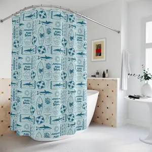 Blue Coastal Shower Curtain | Nautical Beach Bathroom Decor | Ocean Shells Starfish Sea Theme Bath