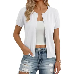 Women Short Sleeve Cardigan, Summer Knitted Sweater Tops, Basic Crew Neck Crop Outfits