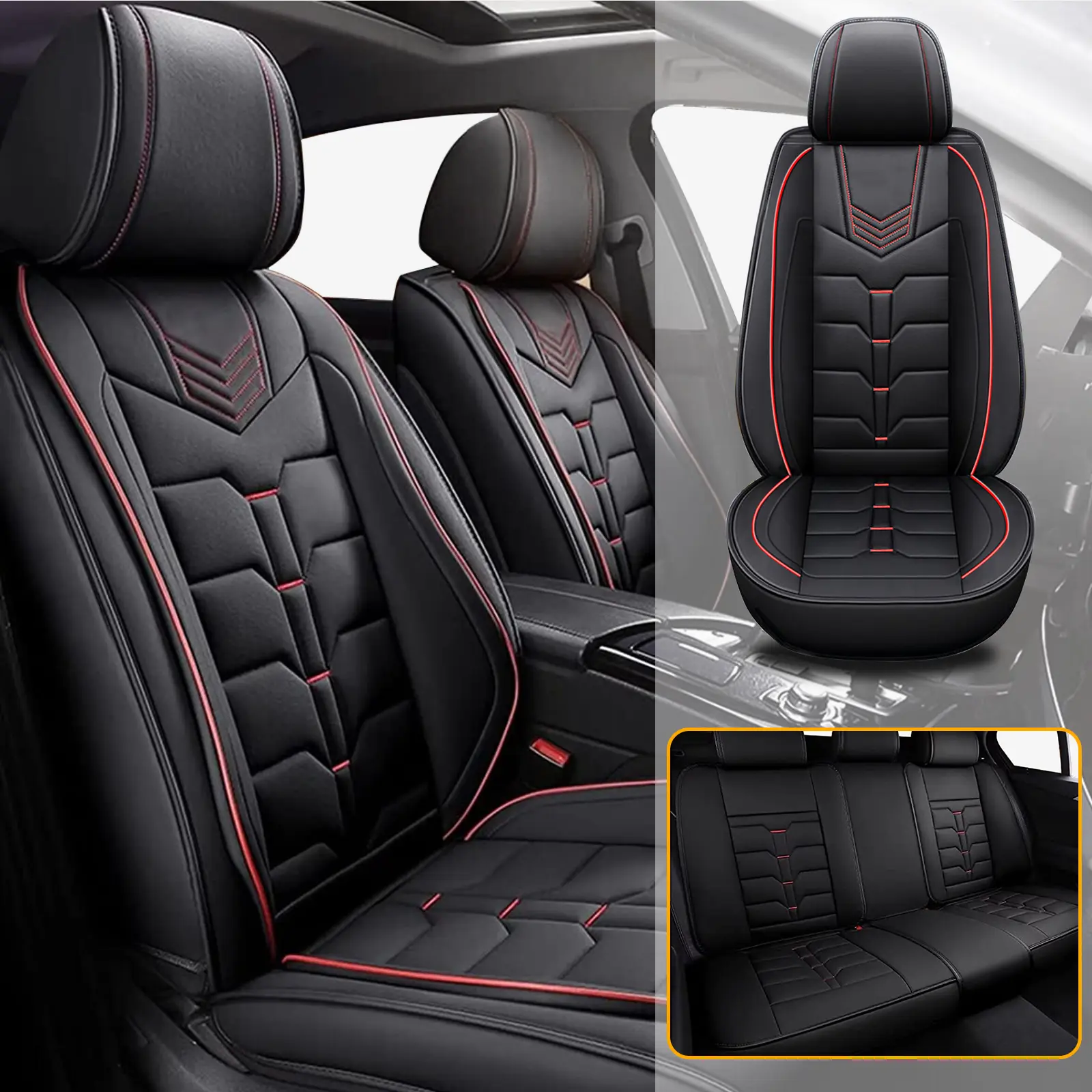 Faux Leather 5-Seat Car Covers Full Set, Front & Rear Waterproof Protector, Car Seat Cushions, Automotive Interior Accessory for 2009-2024 Model Compatibility, Automotive Seat Covers