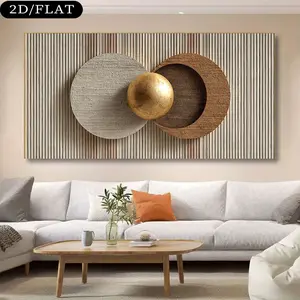 A 2D canvas painting, a minimalist art modern large-sized canvas art with a wooden frame. It adopts a modern abstract minimalist design, with a golden sphere placed against a wooden background. It is suitable for decorating living rooms and bedrooms.