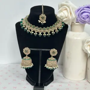 Sania Bollywood Premium Polki Necklace Set with Jhumka and Tikka - Elegant Jewelry