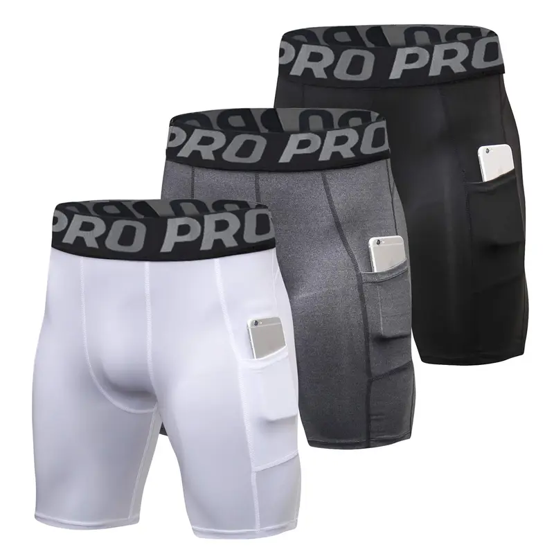 Men's 3-Pack Compression Sports Shorts, Polyester Blend Fitted Anti-Chafing Base Layer, Quick-Dry Workout Wear with Phone Pockets, Abdominal Support Biking Shorts for Running