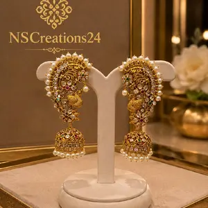 Semi Bridal Gold Plated Peacock Ear Cuff Earring with Green Pink Clear Stones Jhumkas for Bridal Wear