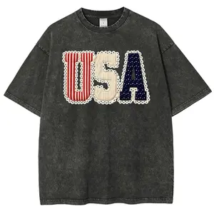 USA Letter Patchwork Graphic T-Shirt, Retro Lace Trim Applique Print, Gift For Patriotic & Coquette Style Lovers Independence Day