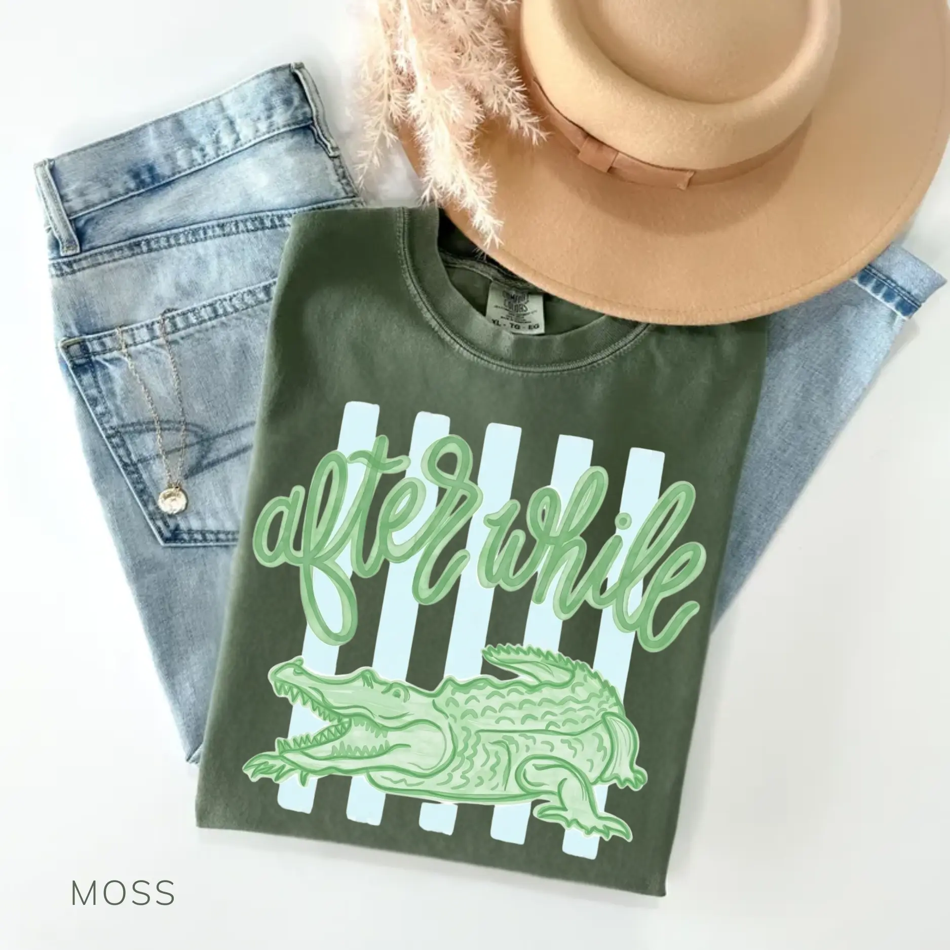 After While Crocodile Comfort Colors T-Shirt, Girly Pink Preppy Striped Shirt, Cute Coastal Summer Graphic Tee, Trendy Watercolor Crocodile Top