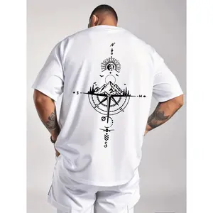 Mens Vintage Compass Print Short Sleeve Crew Neck Casual Sports Thin T Shirt for Summer and Spring Polyester Versatile Top