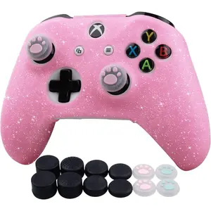 Glitter Controller Skin for Xbox One, Anti-Slip Silicone Controller Cover Protector Compatible for Xbox 1 Wireless/Wired Gamepad Joystick with 4 Thumb Grips Caps and Black Pro Thumb Grip x 8