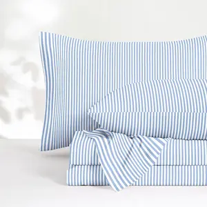 - Striped Bed Sheets, 4- Sheet Set, Tickg Vertical P Stripe Modern Farmhouse  Prted Beddg, Deep Pocket, Blue White, Full Size