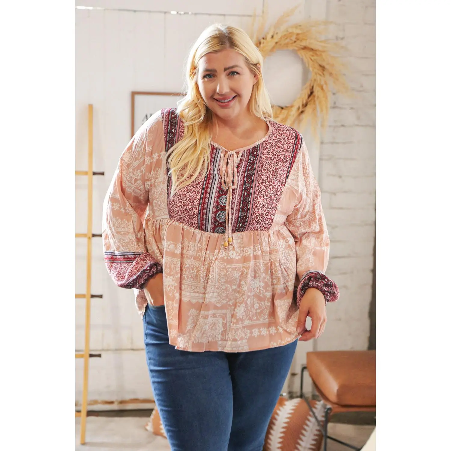 Berry Ethnic Floral Front Beaded Tie Peasant Woven Blouse
