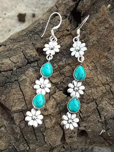 1 Pair Vintage Flower Design Dangle Earrings, Inlaid with Turquoise Textured Hook Earrings, Women's Elegant Boho Style Jewelry for Daily Use Party