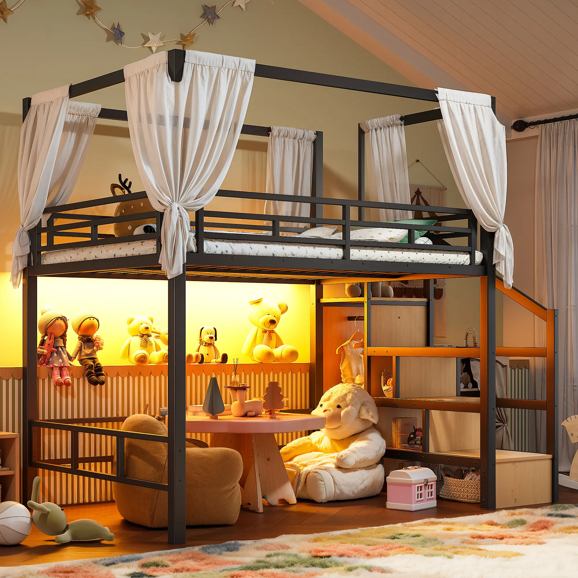 Full Loft Bed 56.69"W x 91.73"D x 78.74"H, Black Metal & MDF, Storage Stairs, Wardrobe, Canopy, LED Light, Ample Underbed Space