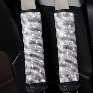 Seat Belt Pads 2-Pack Bling Seat Belt Covers Soft PU Leather  Seat Belt  Pads Rhinestone Bling  Accessories for Women (White)