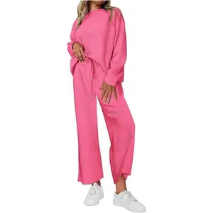 Muchpow Women's 2 Piece Outfits Casual Long Sleeve Pullover Top and Wide Leg Pants Lounge Spring Casual Pajama Sets