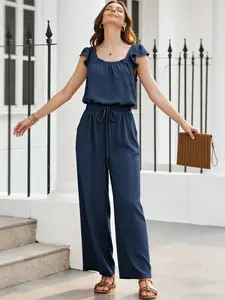 A women's solid color square neck overalls pocketless sleeveless lotus sleeve Casual jumpsuit, suitable for summer, suitable for daily outing and home use
