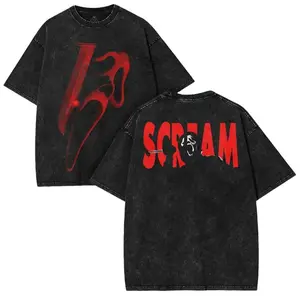 Screaming oversized retro washed T-shirt - Red horror pattern double-sided printed creative funny face shirt | Retro Slasher movie streetwear collector
