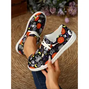 Halloween Pumpkin Skull Print Lace-Up Casual Shoes, Fashionable and Versatile, Comfortable and Lightweight, Slip-On Design