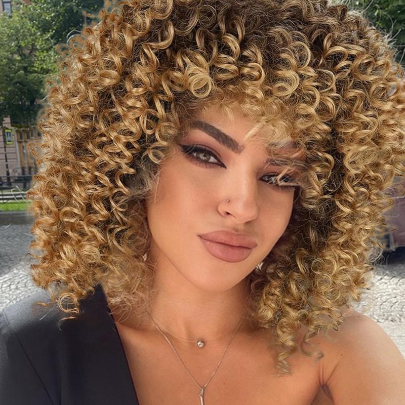 Missqueen 14 inch Blonde Curly Wigs 70s, Kinky Brown Mixd Blonde Afro Wigs for Black Women, Synthetic Afro Curly Blonde Wigs for Women (Brown to Blonde)