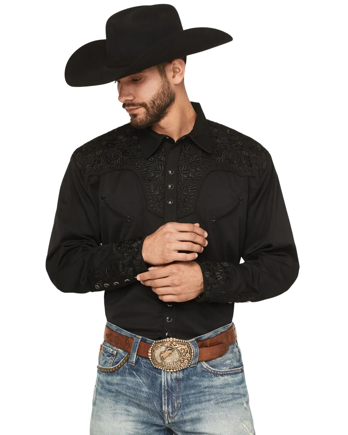 Scully Men's Men'S Floral Embroidered Retro Long Sleeve Snap Western Shirt - P-634-Jet