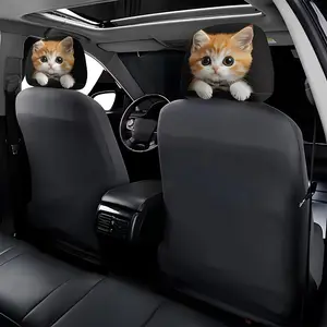 Cute Cat Print Car Headrest Covers, Soft Knitted Polyester Material, Elastic Design, Universal Size, Ideal for Couples, Friends, Travel