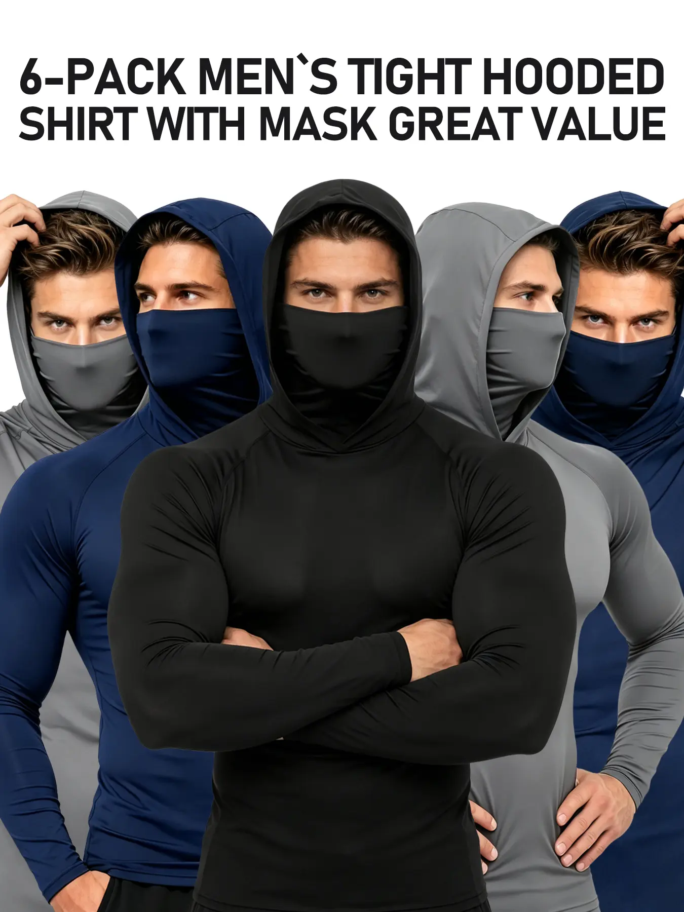 Men's 6-Pack All-Seasons Balaclava Hood Compression Hoodies - Male Pull-On Cloud-Like Stretch Shirts, Flexible Breathable Long-Sleeve Tops for Outdoor Enthusiasts' Workout, Motorcycle Use