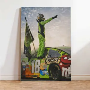 Kyle Busch #18 M&M's Crispy NASCAR Victory Celebration Canvas Print, Iconic Green Racing Driver Wall Art, Decoration for Living Room, Office