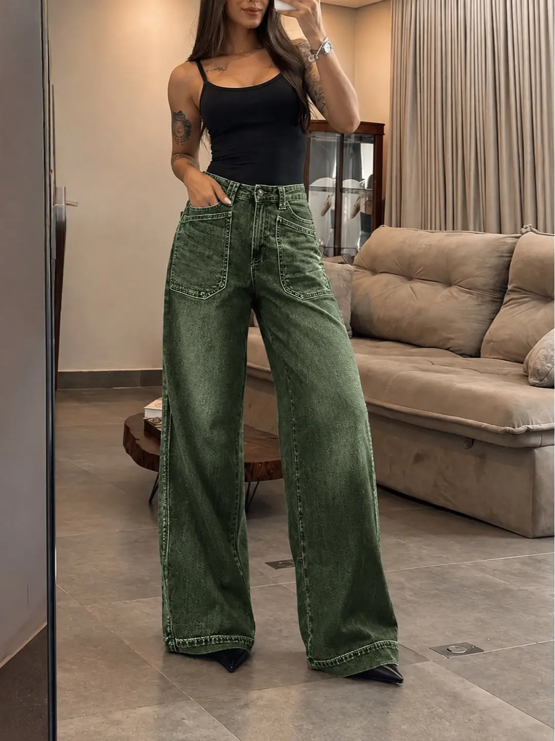 Retro Acid Wash Wide Leg Denim  Trendy Front Patch Pocket Pants