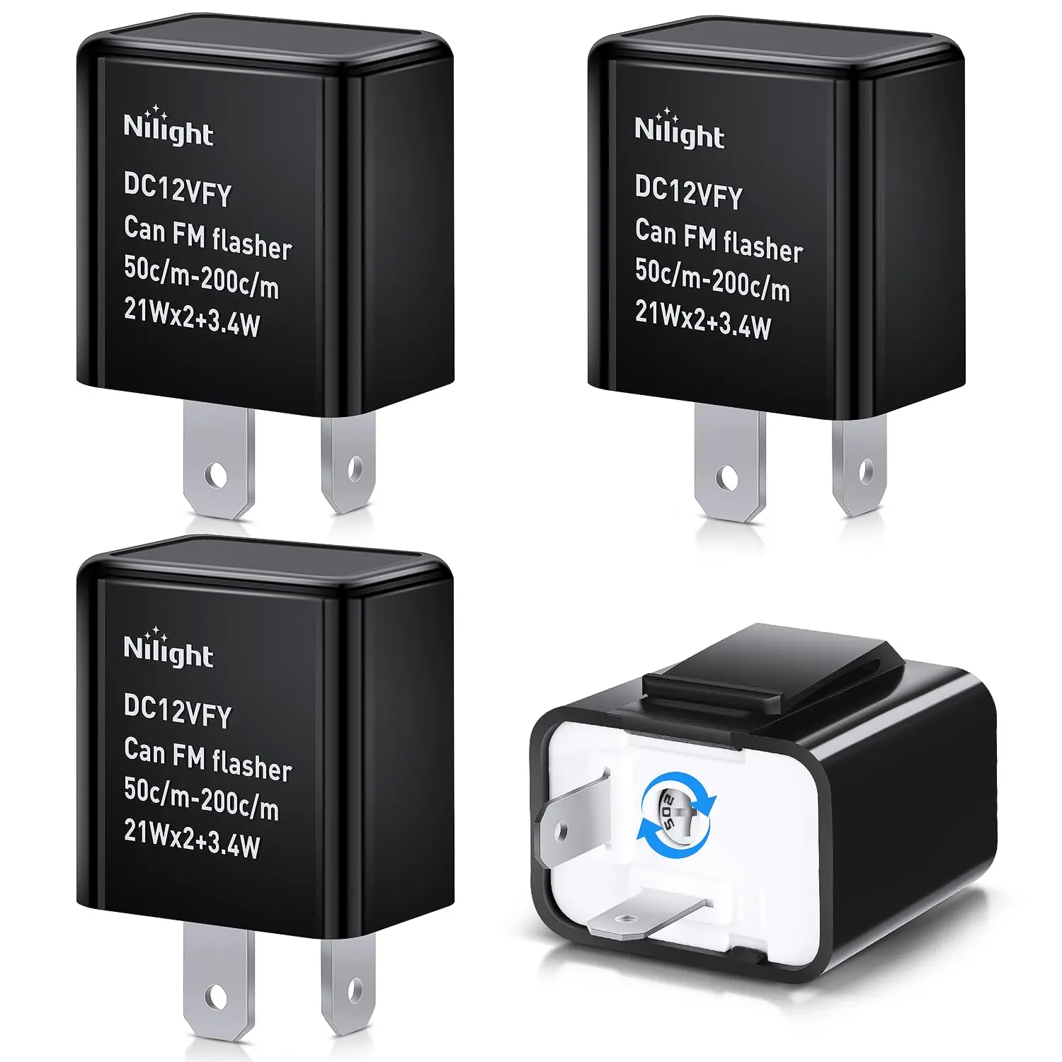 Nilight 4PCS Adjustable 2-Pin 12V Electronic Flasher Relay Set Pack - Fixes Motorcycle Turnsignal Blinks, 60-95 Times/Min, 0.02A-12A Current, Compatible with LED/Halogen Bulbs, for Automotive Power Supplies