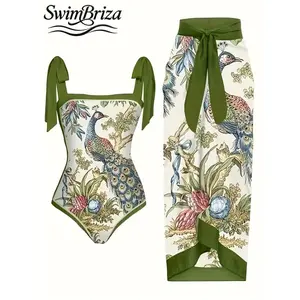 Briza｜Tie Shoulder One Piece Swimsuit In Olive Peacock Floral Retro Swimwear With Sarong As A Bathing Suit Fancy Bathing Suit Women Set For Resort Days, Vacation Swimwear For Women, Swimsuit Cover Up For Women And Bathing Suit Cover Ups